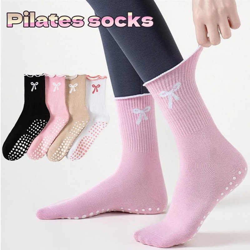 Pilates Yoga Fitness - ดรีมไลค์ลิน 1 คู่ ถุงเท้าพิลาทิสสำหรับผู้หญิงแบบยาวถึงกลางน่อง ถุงเท้าโยคะแบบมืออาชีพกันลื่น ลายโบว์