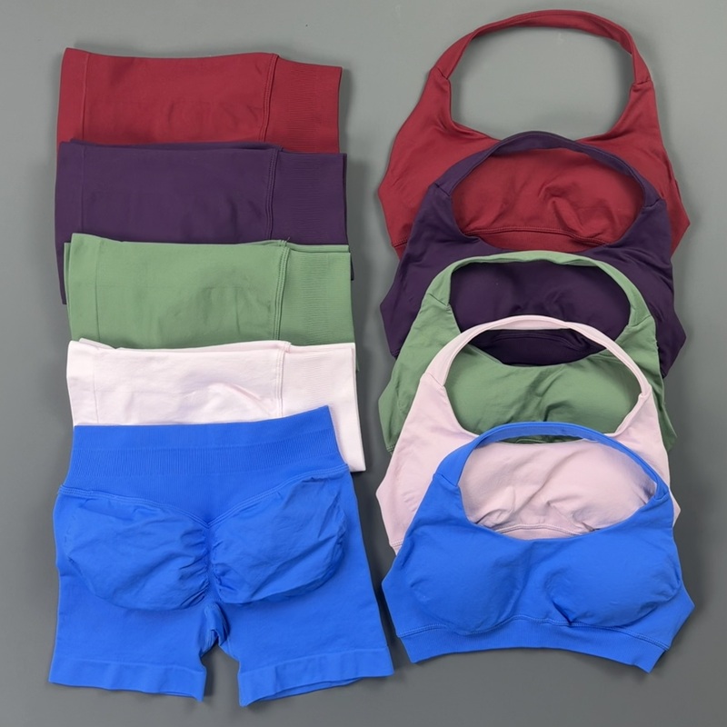 Pilates Yoga Wrap Top - ชุดออกกำลังกาย Histello 2 ชิ้นสำหรับผู้หญิง เสื้อครอปท็อปไร้ตะเข็บเสริมฟองน้ำ กางเกงขาสั้นเอวสูงรัดรูป