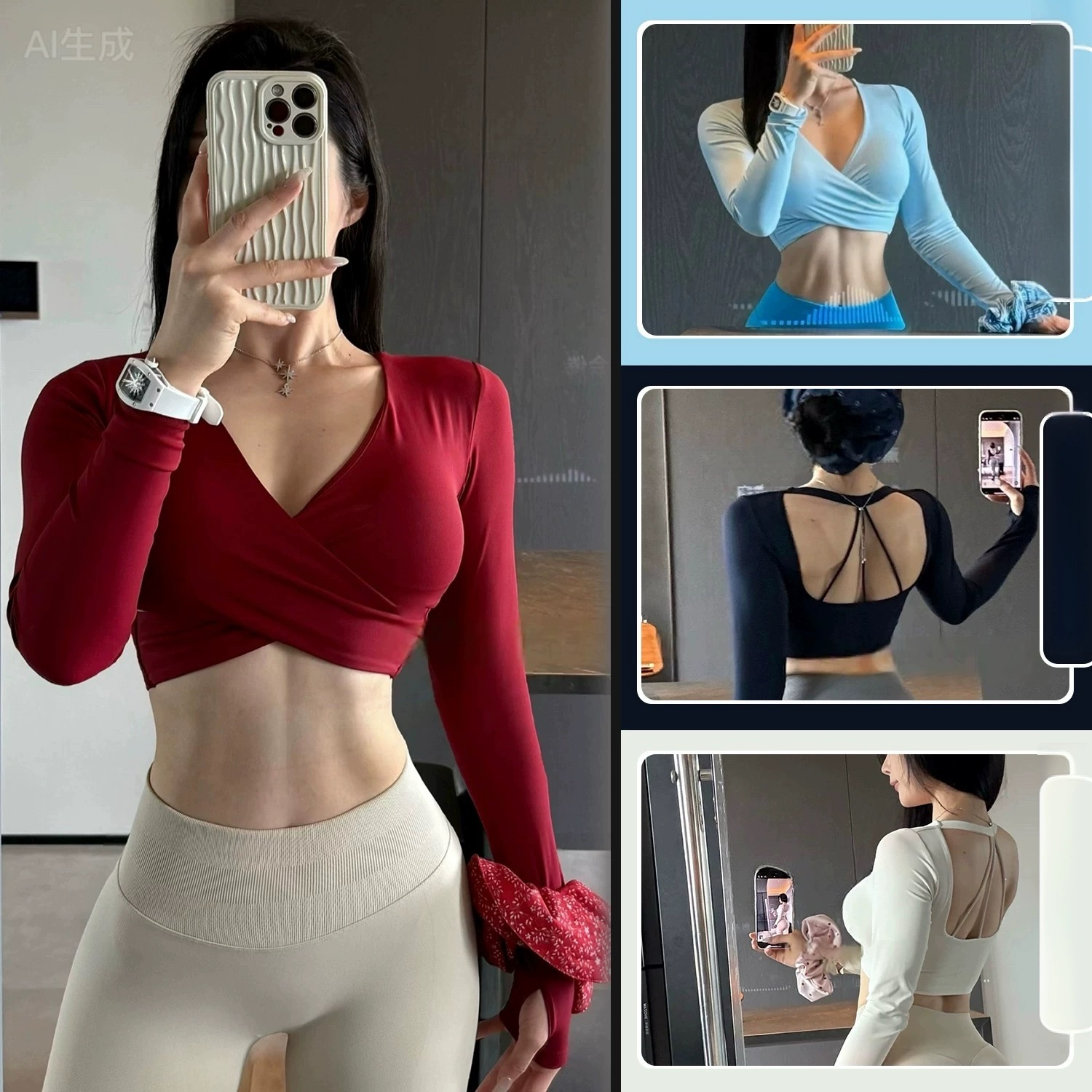 Pilates Yoga Wrap Top - เสื้อโยคะแขนยาวสำหรับออกกำลังกาย ฟิตเนส ทรงเข้ารูป เสื้อพิลาทิสแขนยาว เสื้อผ้าฝึกโยคะ พร้อมแผ่นรองหน้าอก